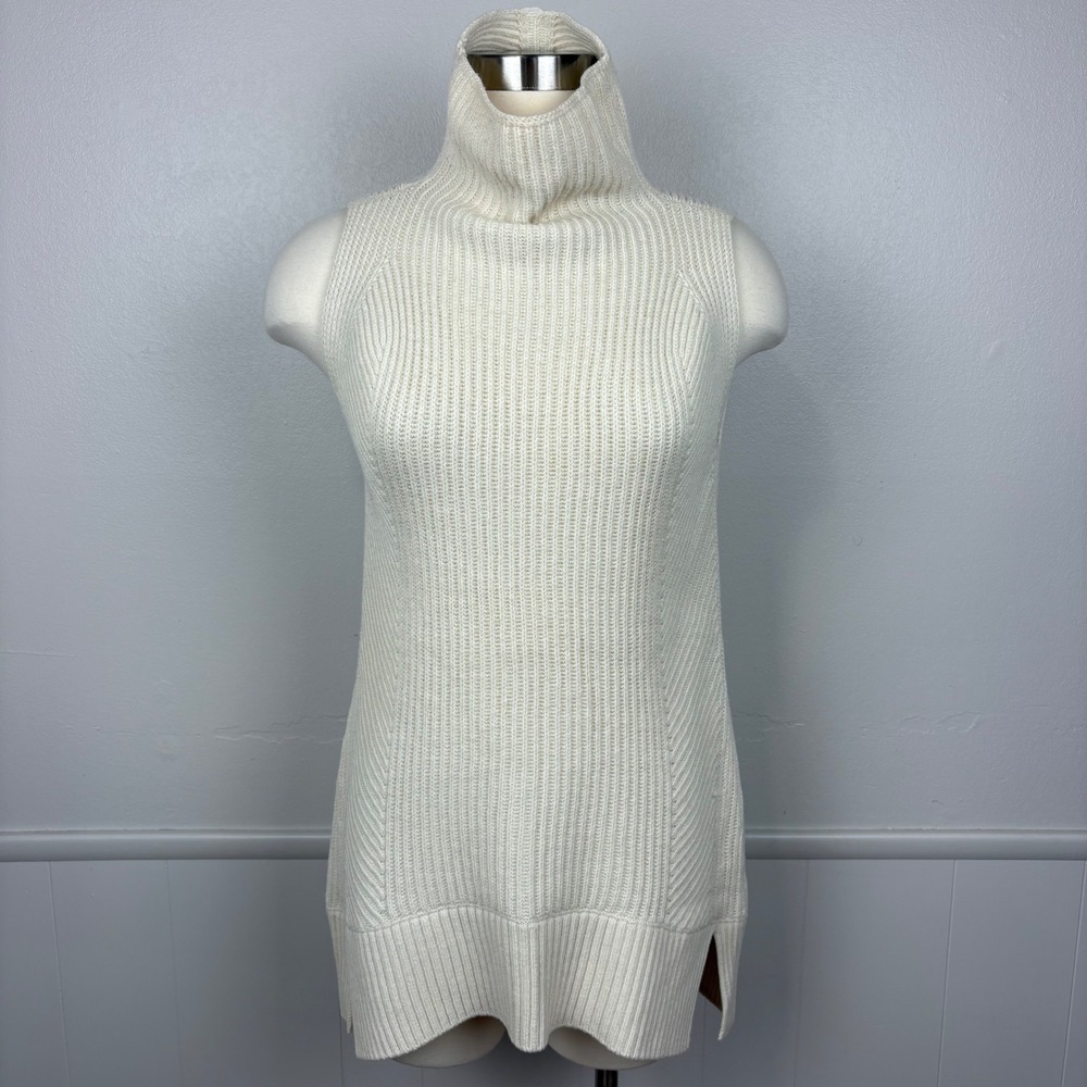 Vince Sleeveless Sweater Tunic Wool Cashmere Size S Ivory Ribbed Funnel Neck